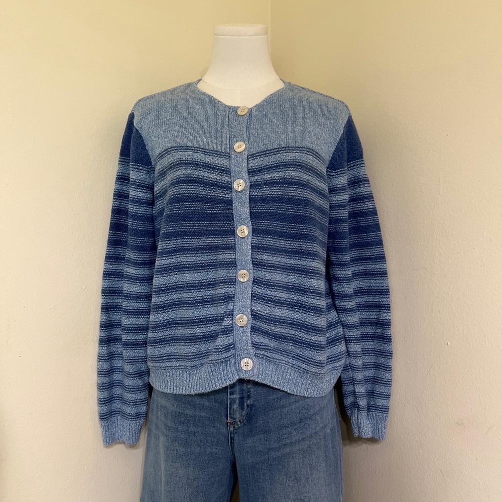 Liz Claiborne Lizwear Jeans Blue Striped Linen Cotton Cardigan Sweater Large